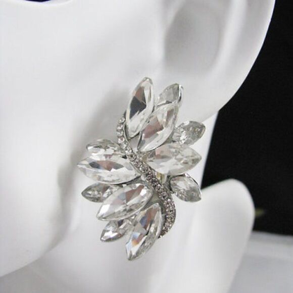 Swirl Clear Marquise Crystal Silver Clip On Earrings NWT - Picture 2 of 7